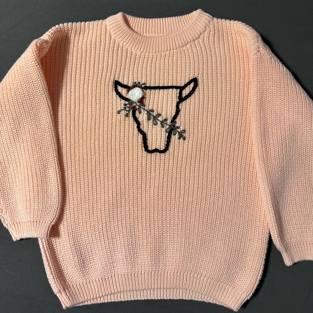 Hand embroidered floral cow skull sweater